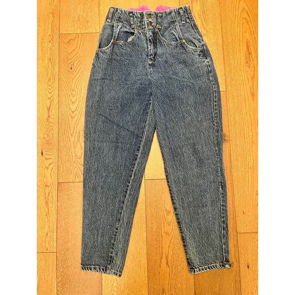 VTG‎ Squeeze Sidecar High Waisted Jeans 9/10 Blue Pink Trim Balloon Tapered 90s